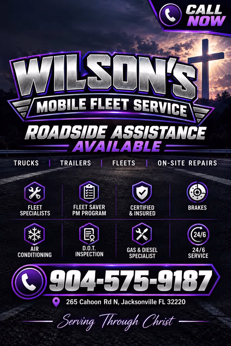 Wilson’s Mobile Fleet Service promotional flyer listing fleet services, roadside assistance, phone number 904-575-9187 and Jacksonville address