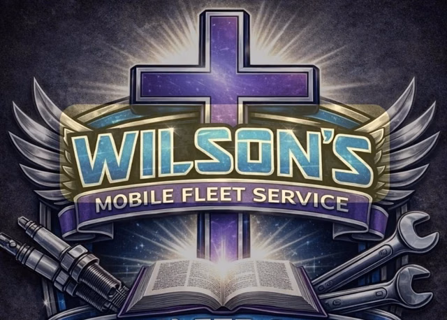 Wilson's Mobile Fleet Service emblem with a cross, wings, and an open Bible